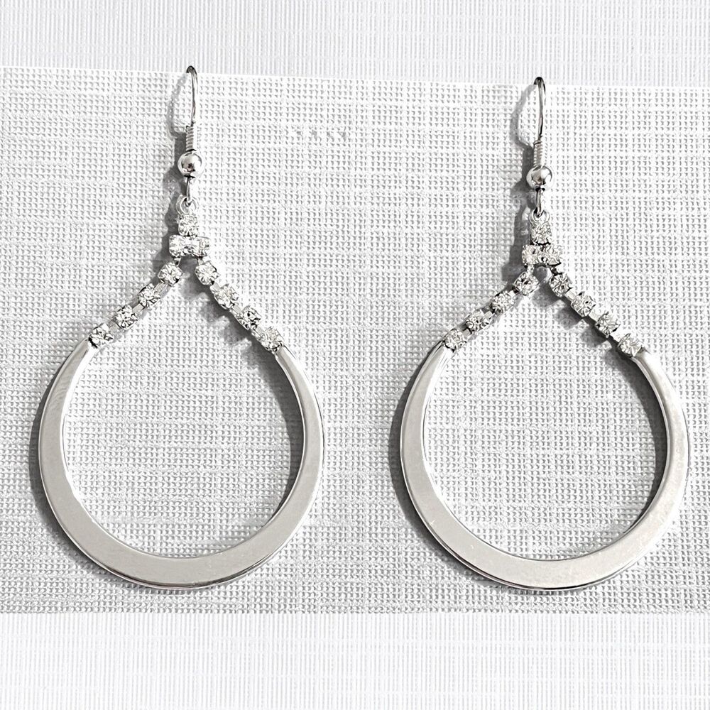Rhinestone Dangle Teardrop Hoop Earrings Silver Tone Hooks Drop Pierced 2.5”